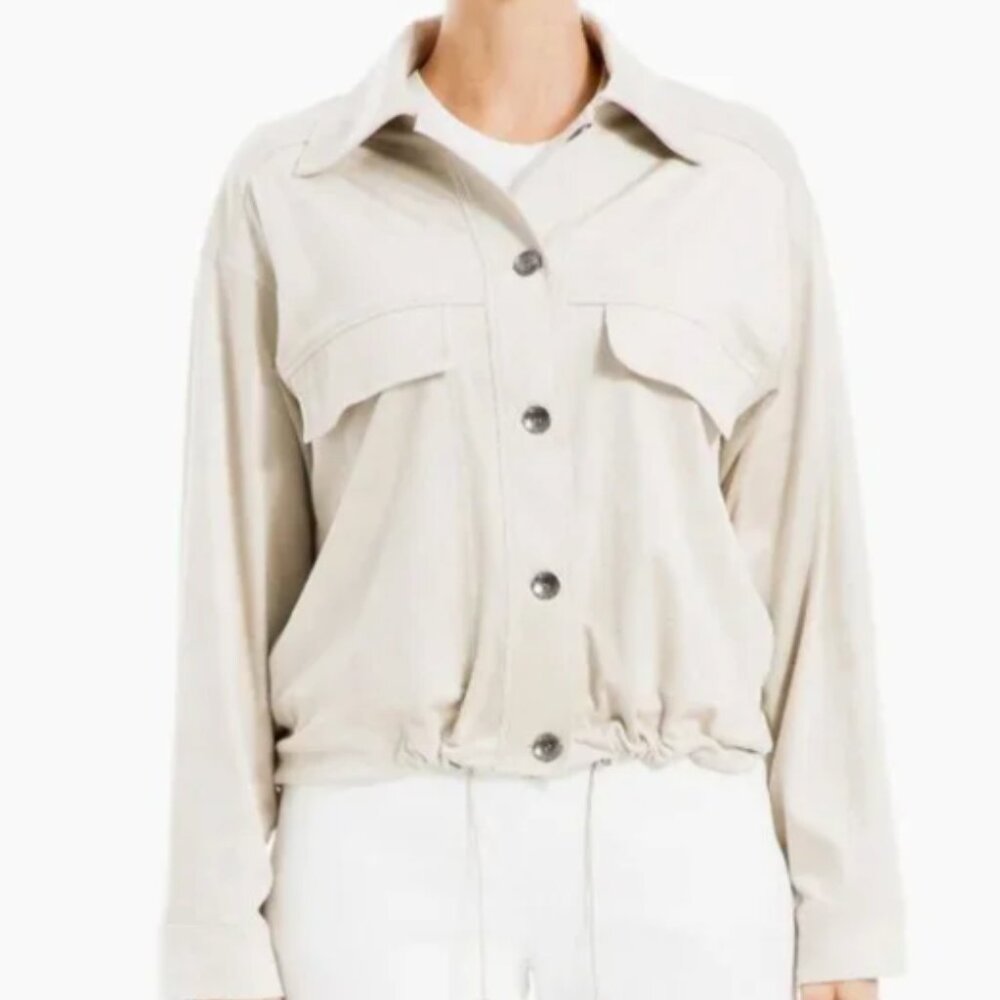 Max Studio Bomber Jacket Suede Women’s Edgy Oatmeal/Oyster Beige Size Large NWT